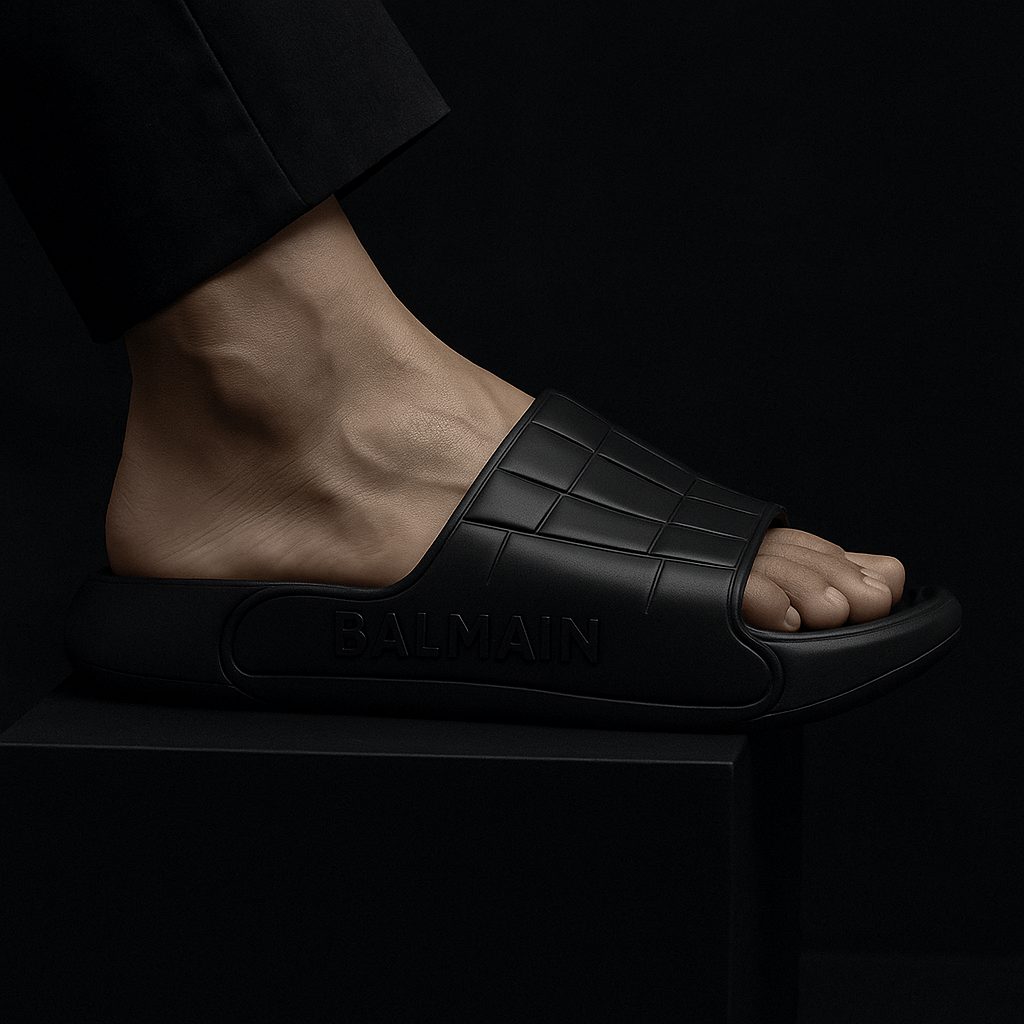 Black slide sandal with Balmain logo worn by a person on a black background