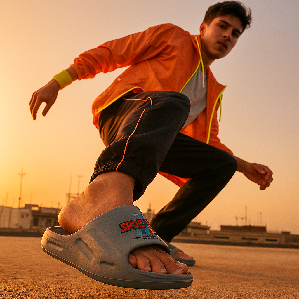 ARTICLE:K-1-SPORT Grey Tech Slide Slipper – Ultra Comfort Edition – Coverupfootwear